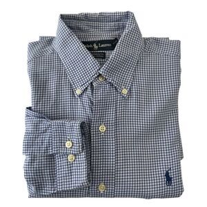 Ralph Lauren Yarmouth  Cotton Blue Plaid Preppy Long‎ Sleeve Shirt, 15 1/2'